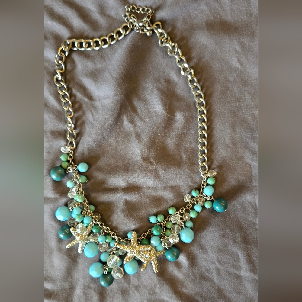 Blue and Silver Necklace with Chunky Chain and Crystals Turquoise Summer Beach